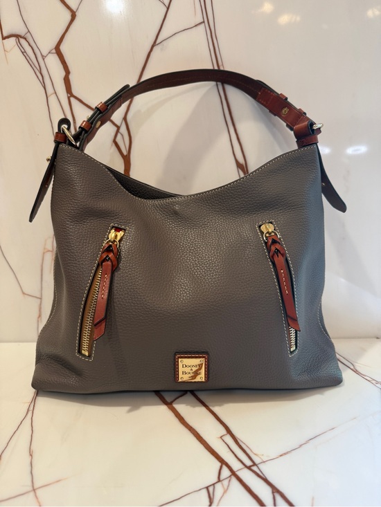 Dooney & Bourke Handbags - Dooney & Bourke Gray Pebbled Leather Shoulder Bag with Brown Trim